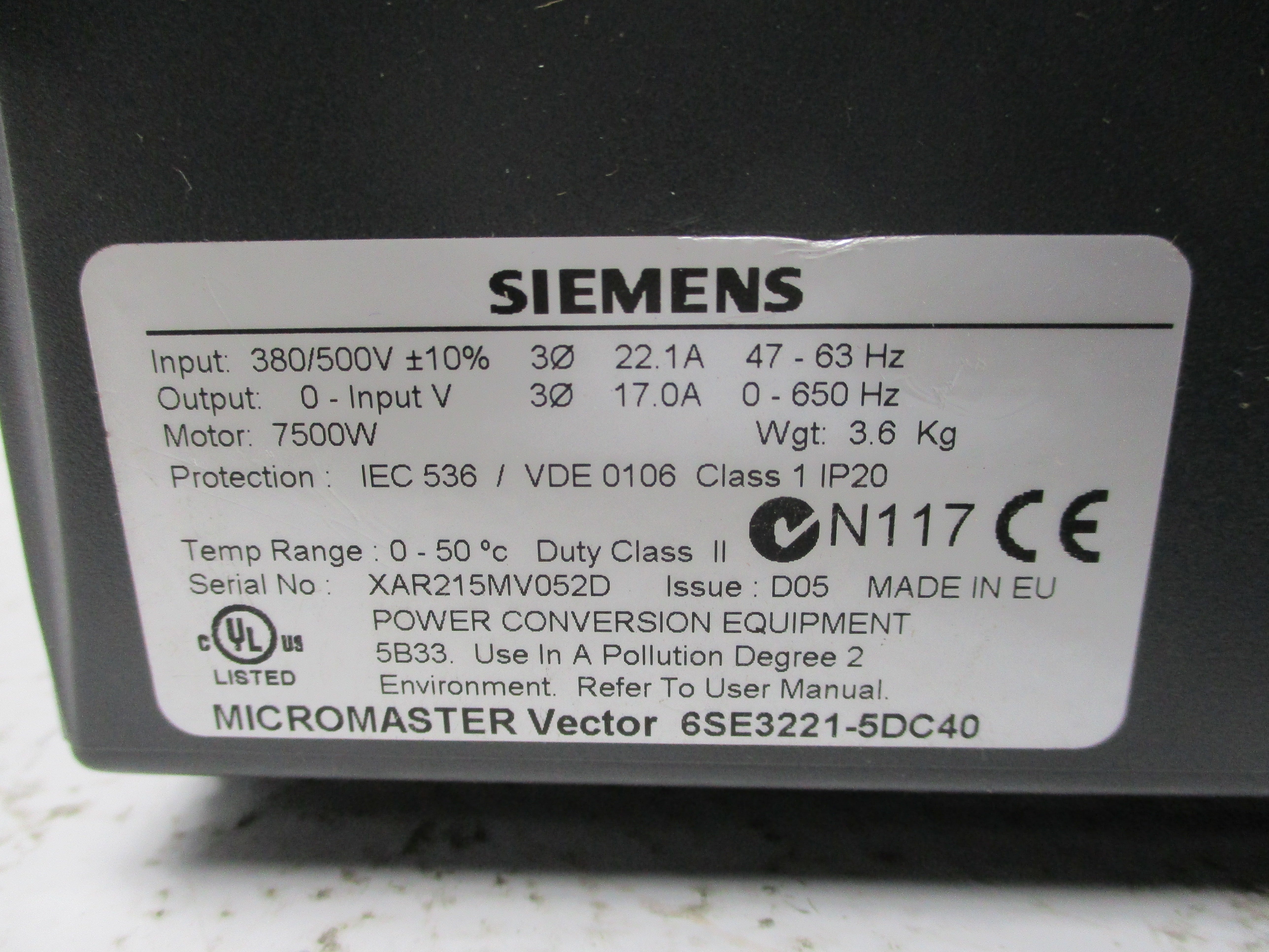 SIEMENS 6SE3221-5DC40 *USED*