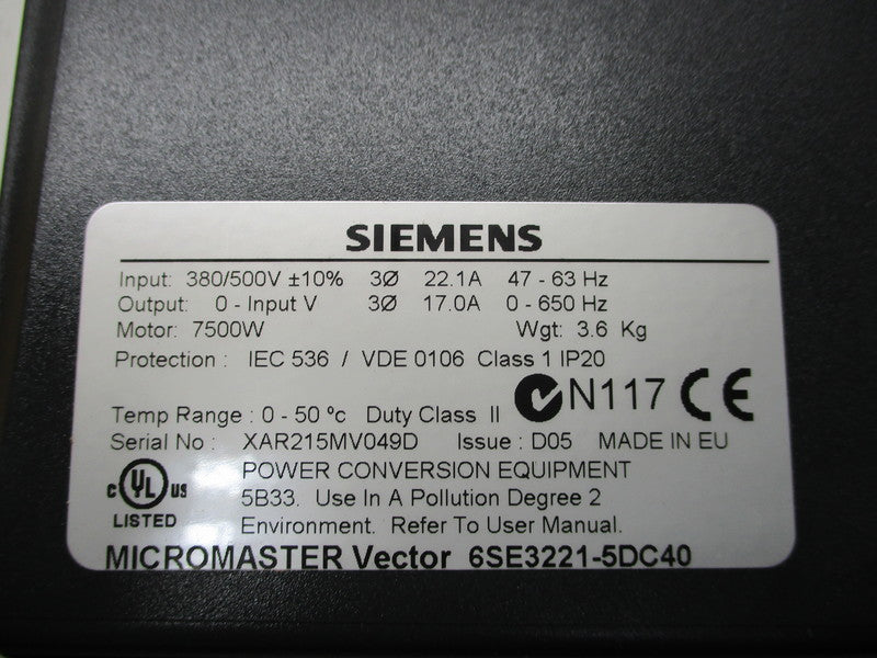 SIEMENS 6SE3221-5DC40 NSMP