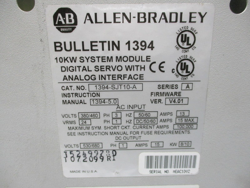ALLEN BRADLEY 1394-SJT10A SER. A F/W: V4.01 (AS PICTURED) UNMP
