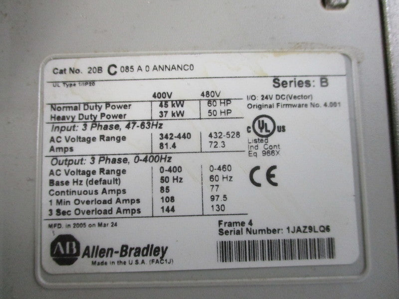ALLEN BRADLEY 20BC085A0ANNANC0 SER. B F/W 4.001 UNMP