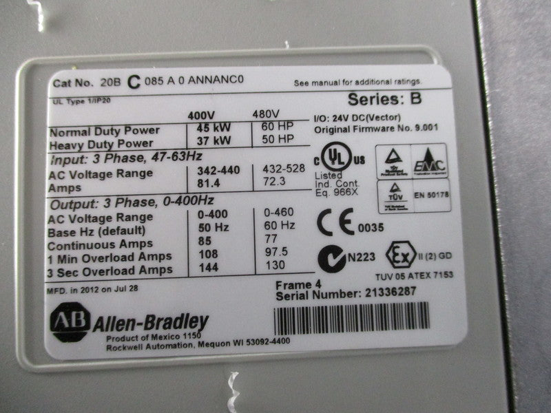 ALLEN BRADLEY 20BC085A0ANNANC0 SER. B F/W 9.001 UNMP