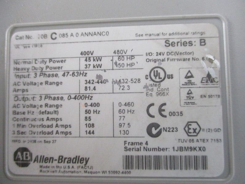 ALLEN BRADLEY 20BC085A0ANNANC0 SER. B (AS PICTURED) UNMP