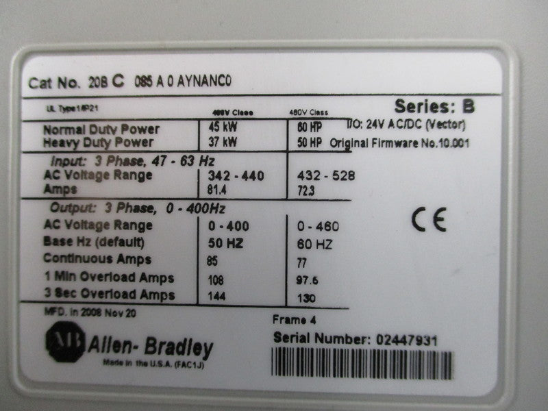 ALLEN BRADLEY 20BC085A0AYNANC0 SER. B F/W 10.001 UNMP