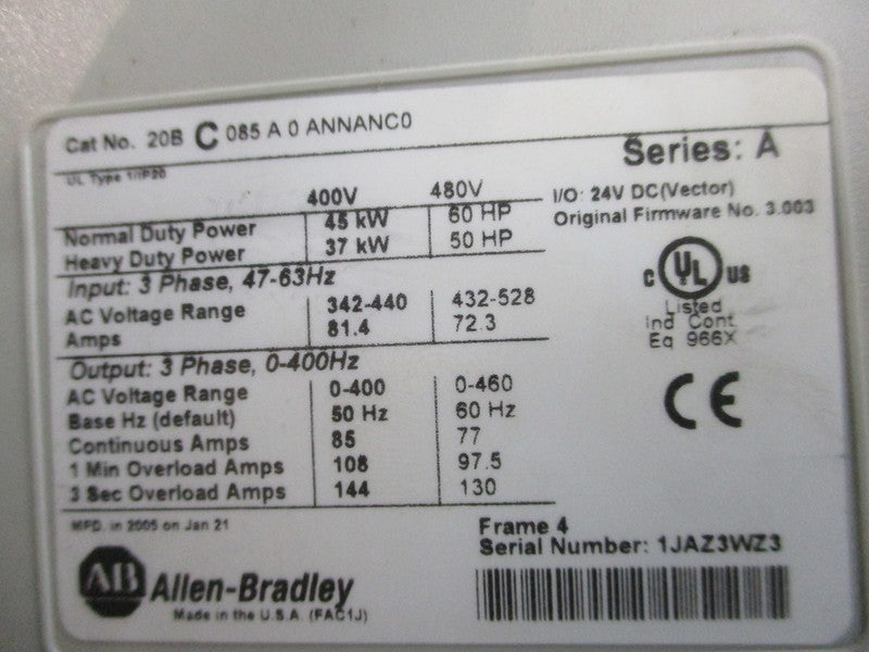 INDUSTRIAL SPARE PART 20BC085A0ANNANC0 SER. A F/W 3.003 UNMP