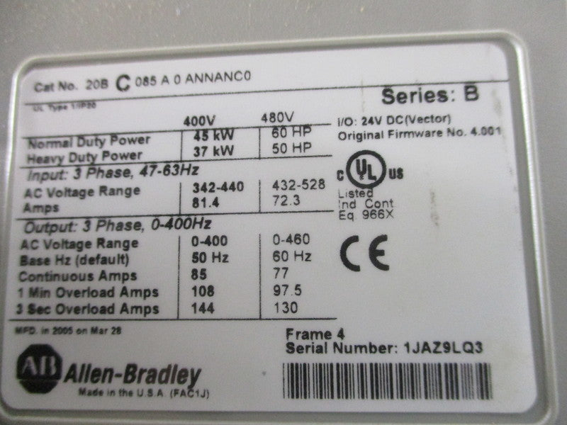 ALLEN BRADLEY 20BC085A0ANNANC0 SER. B F/W 4.001 (AS PICTURED) UNMP