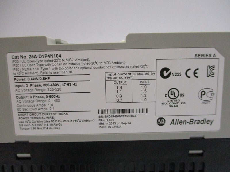 ALLEN BRADLEY 25A-D1P4N104 SER. A F/W 1.001 NSMP