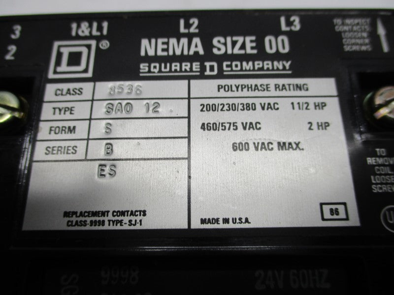 SQUARE D 8536SAO12V02S SER. B 24V NSMP