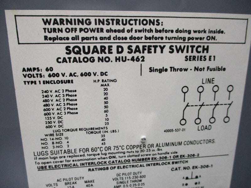SQUARE D HU-462 SERIES E1 NSNP