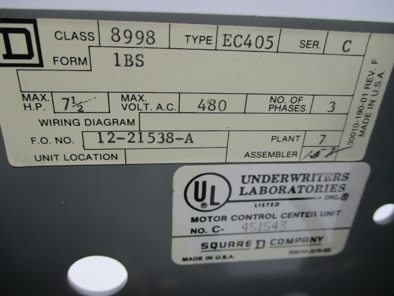SQUARE D 8998-EC405 SER. C NSNP