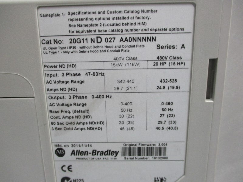 ALLEN BRADLEY 20G11ND027AA0NNNNN SER. A F/W 3.004 NSMP