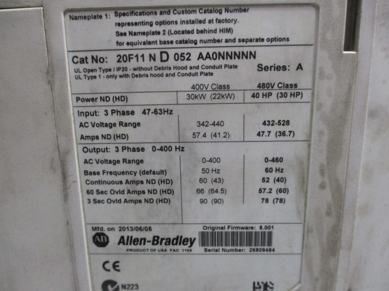 ALLEN BRADLEY 20F11ND052AA0NNNNN SER. A F/W 8.001 UNMP