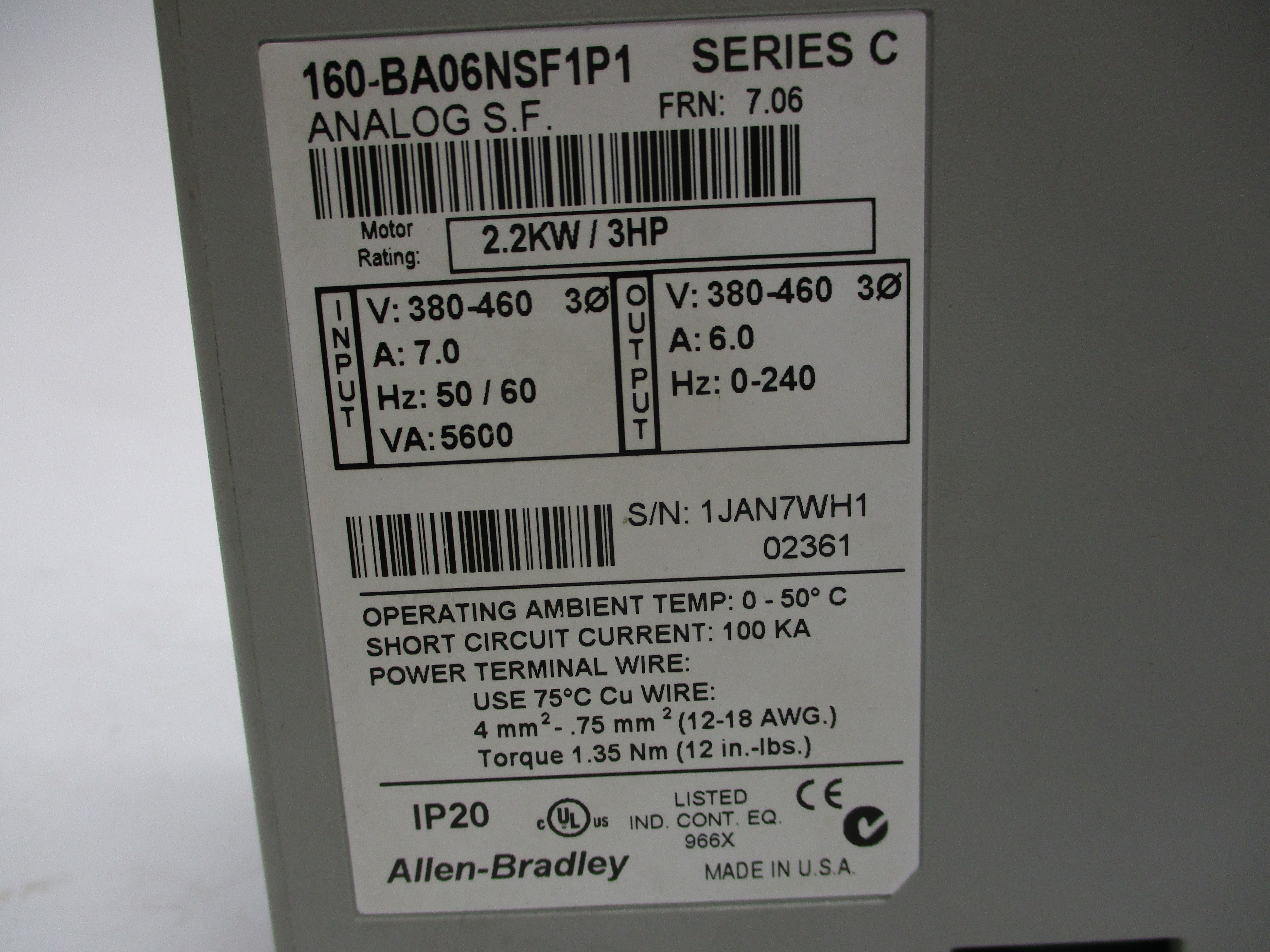 ALLEN BRADLEY 160-BA06NSF1P1 SER. C F/W 7.06 380-460V 7.0A UNMP
