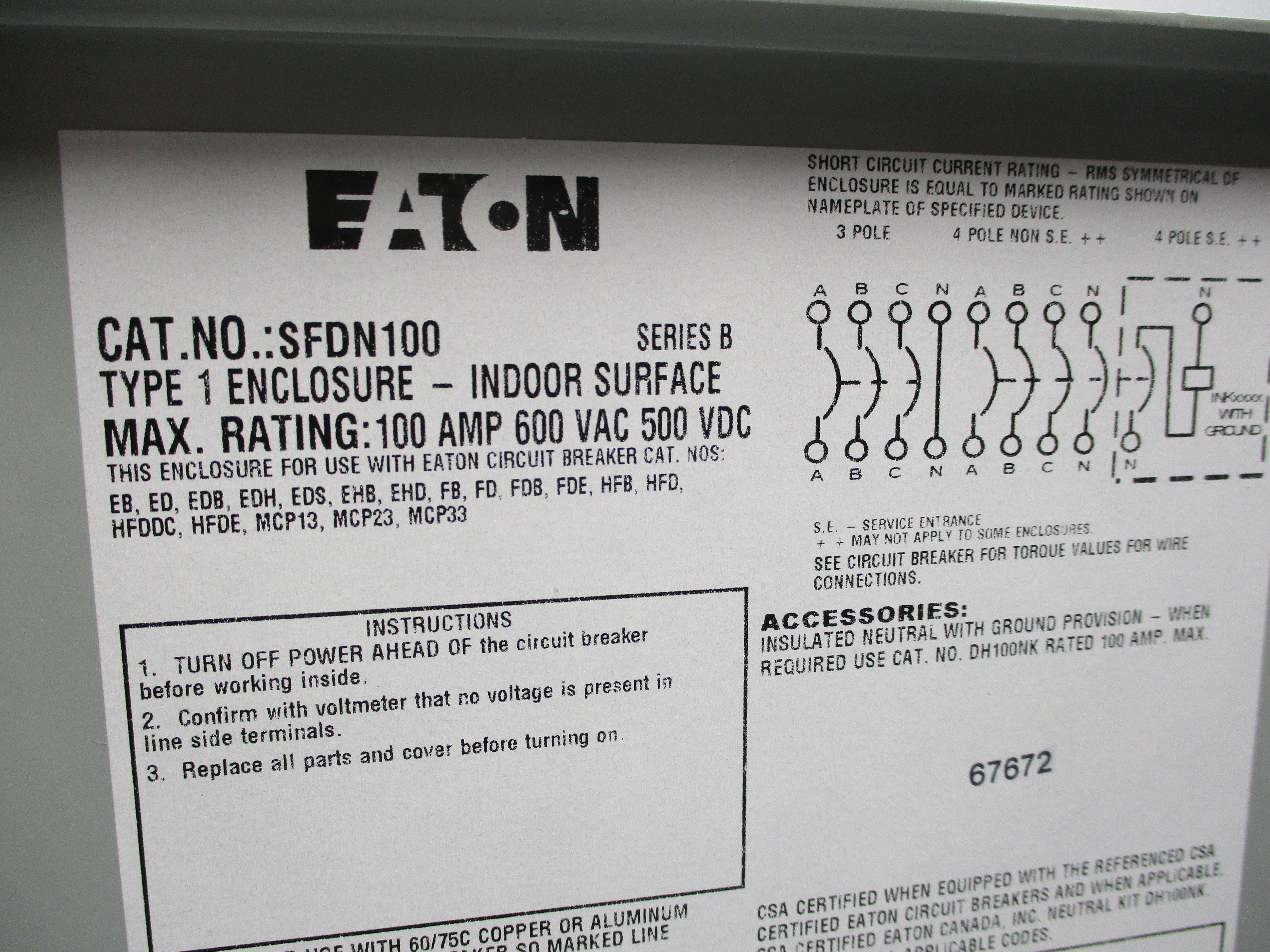 EATON SFDN100 SER. B 600VAC 100A NSMP
