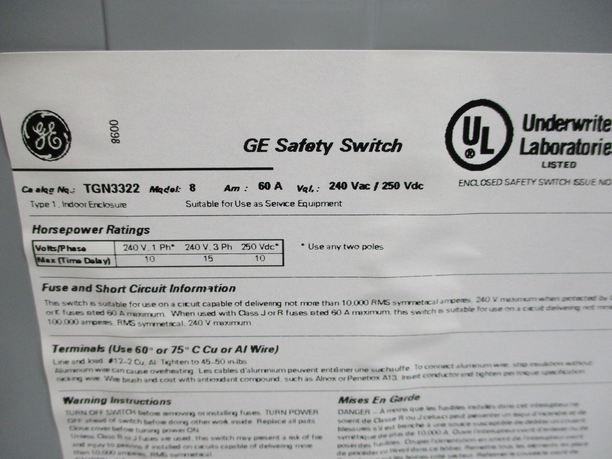 GENERAL ELECTRIC TGN3322 NSMP