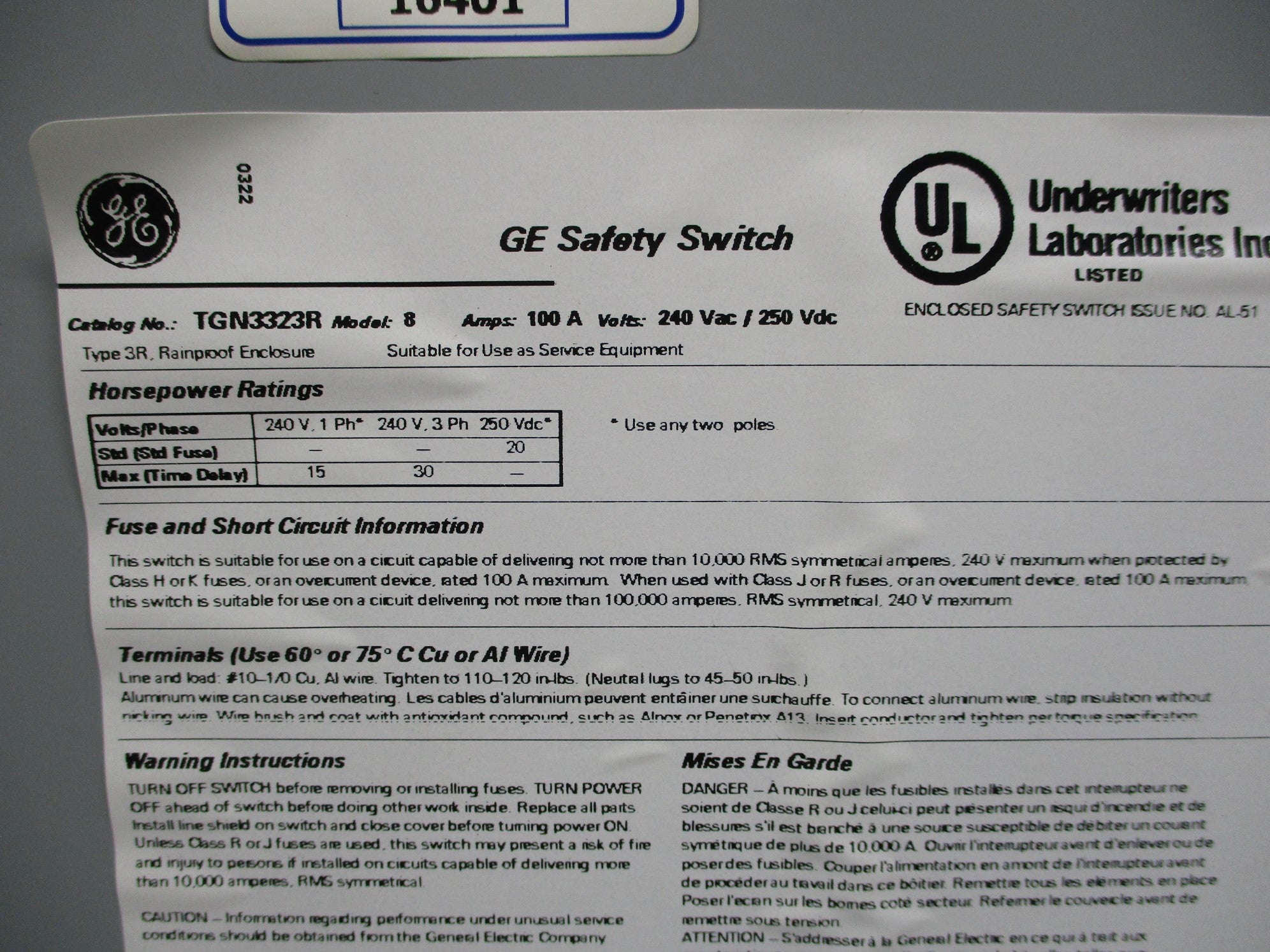 GENERAL ELECTRIC TGN3323R NSMP