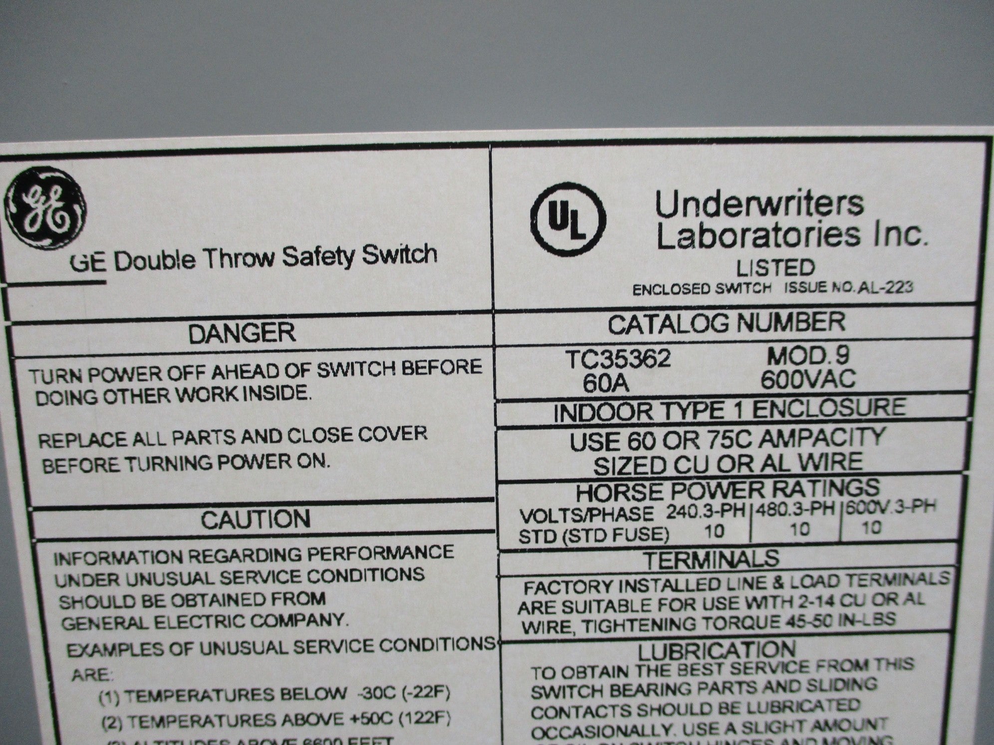 GENERAL ELECTRIC TC35362 NSMP