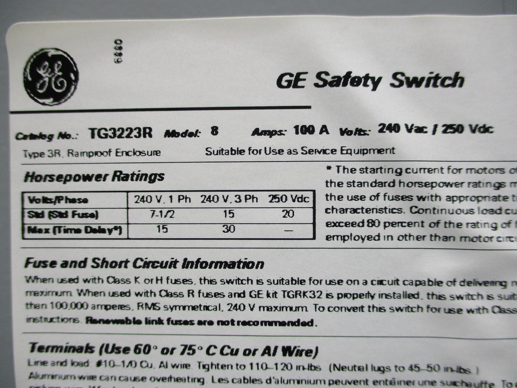 GENERAL ELECTRIC TG3223R NSMP