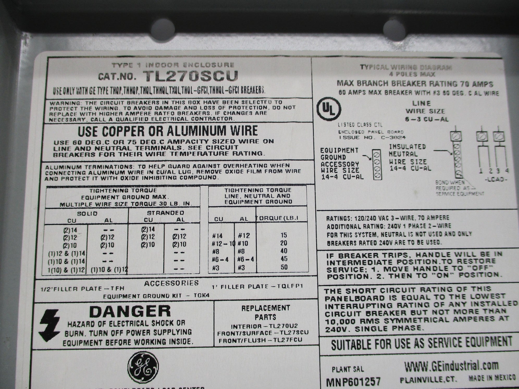 GENERAL ELECTRIC TL270SCU MODEL 1 NSMP