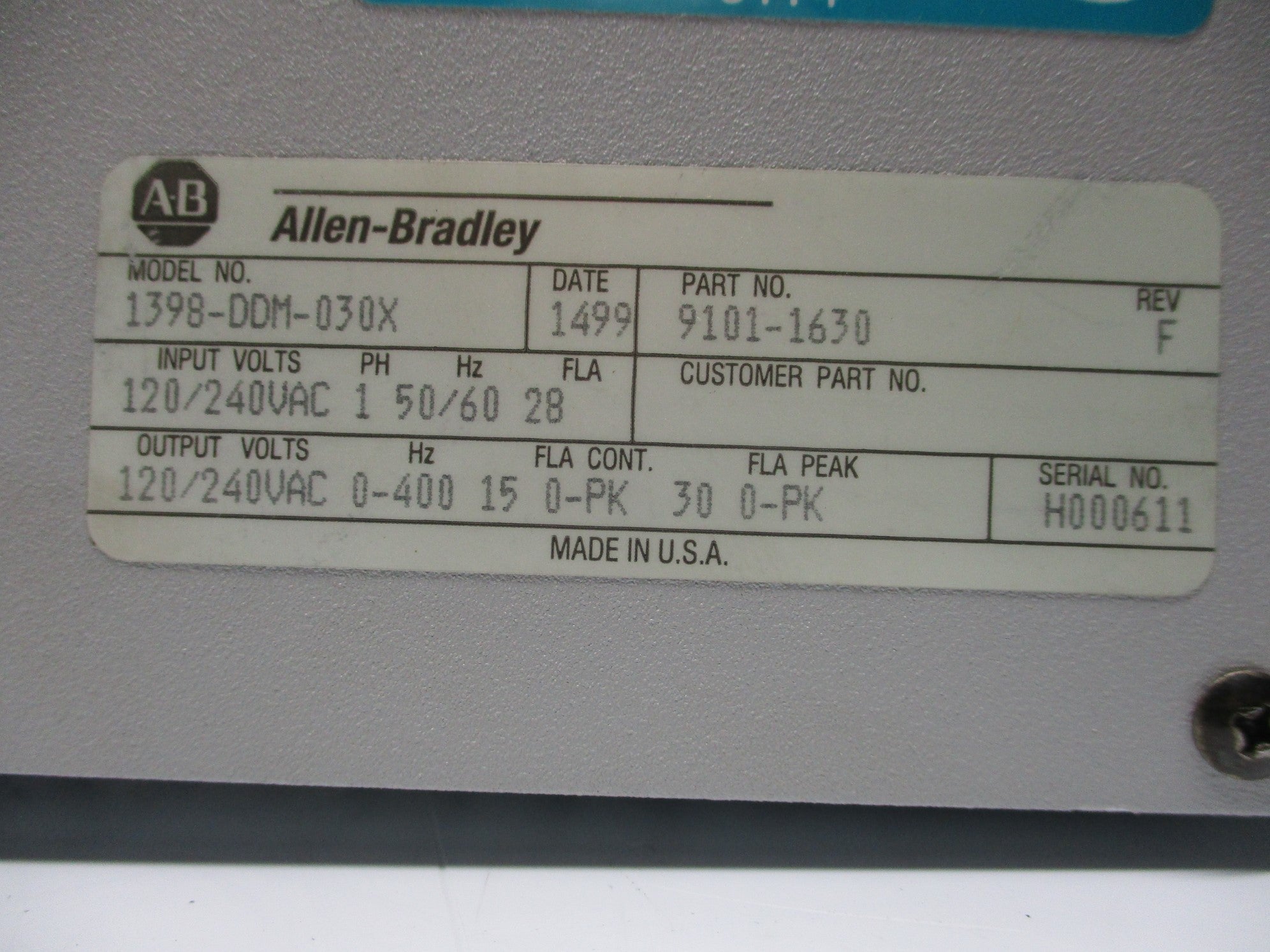 ALLEN BRADLEY 1398-DDM-030X 9101-1630 UNMP