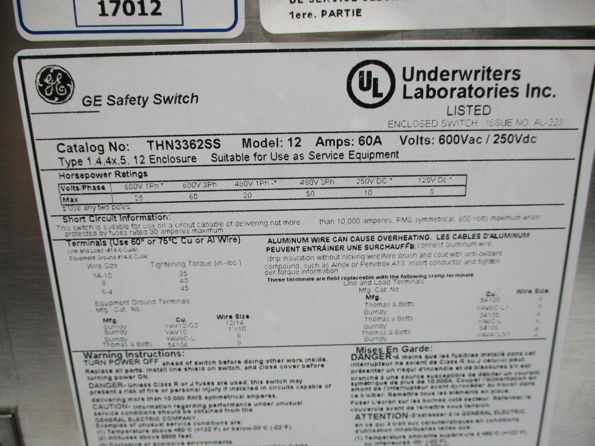 GENERAL ELECTRIC THN3362SS MODEL 12 60A NSNP