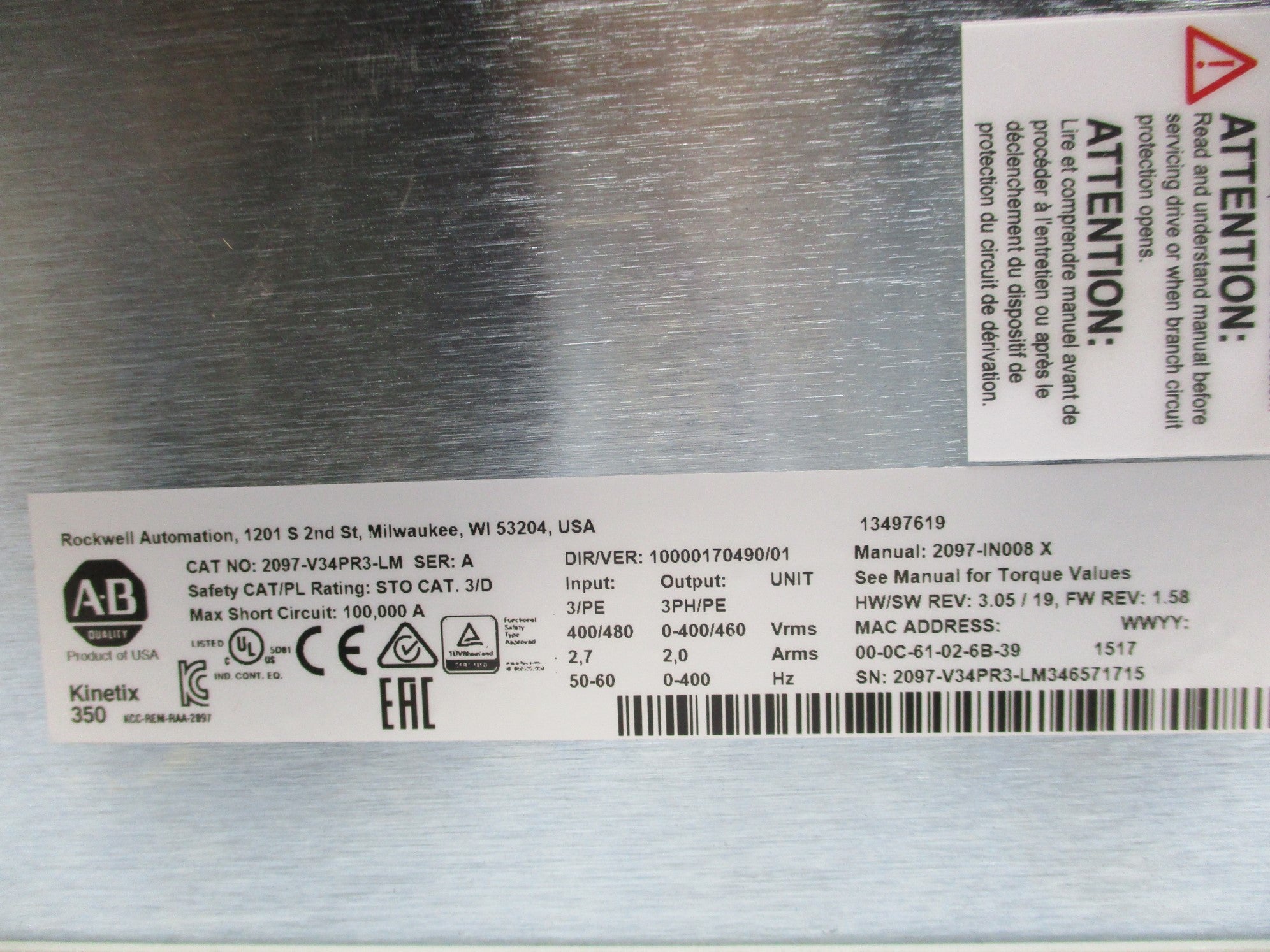 ALLEN BRADLEY 2097-V34PR3-LM SER. A F/W 1.58 UNMP