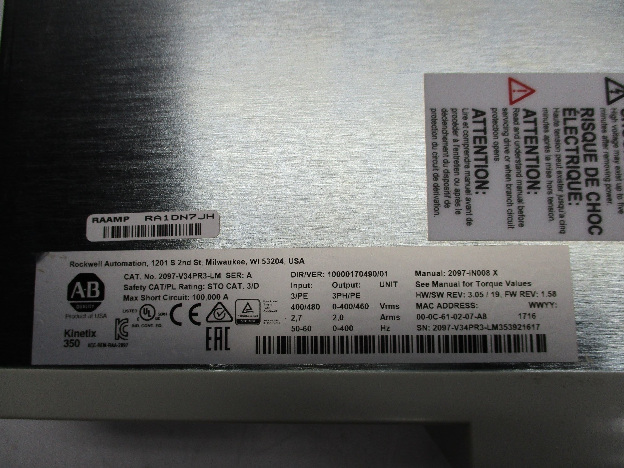ALLEN BRADLEY 2097-V34PR3-LM SER. A F/W 1.58 REMAN