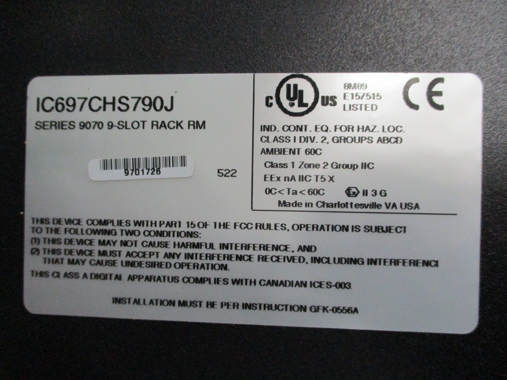 GENERAL ELECTRIC IC697CHS790J SER. 9070 NSNP