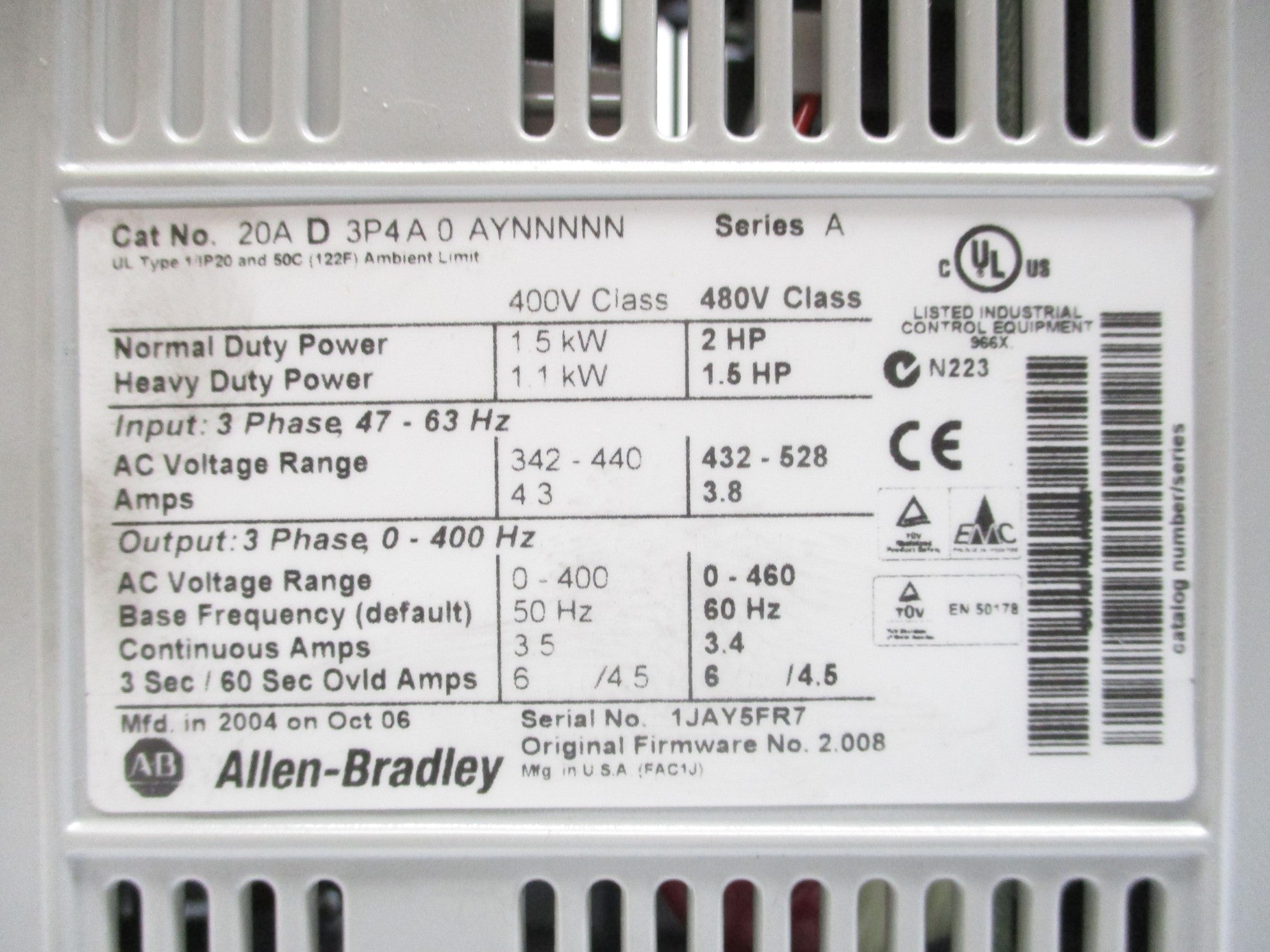 ALLEN BRADLEY 20AD3P4A0AYNNNNN SER. A F/W 2.008 NSMP