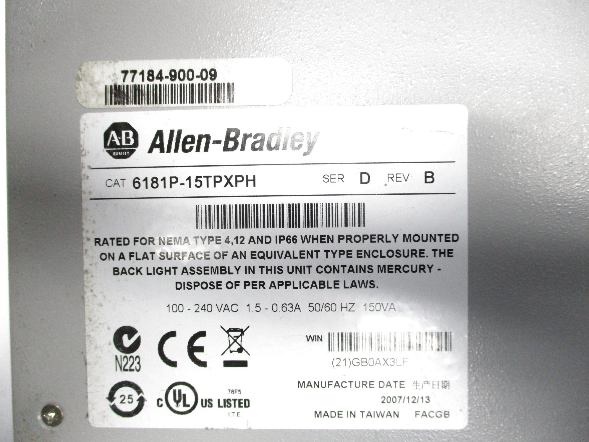 ALLEN BRADLEY 6181P-15TPXPH SER. D UNMP
