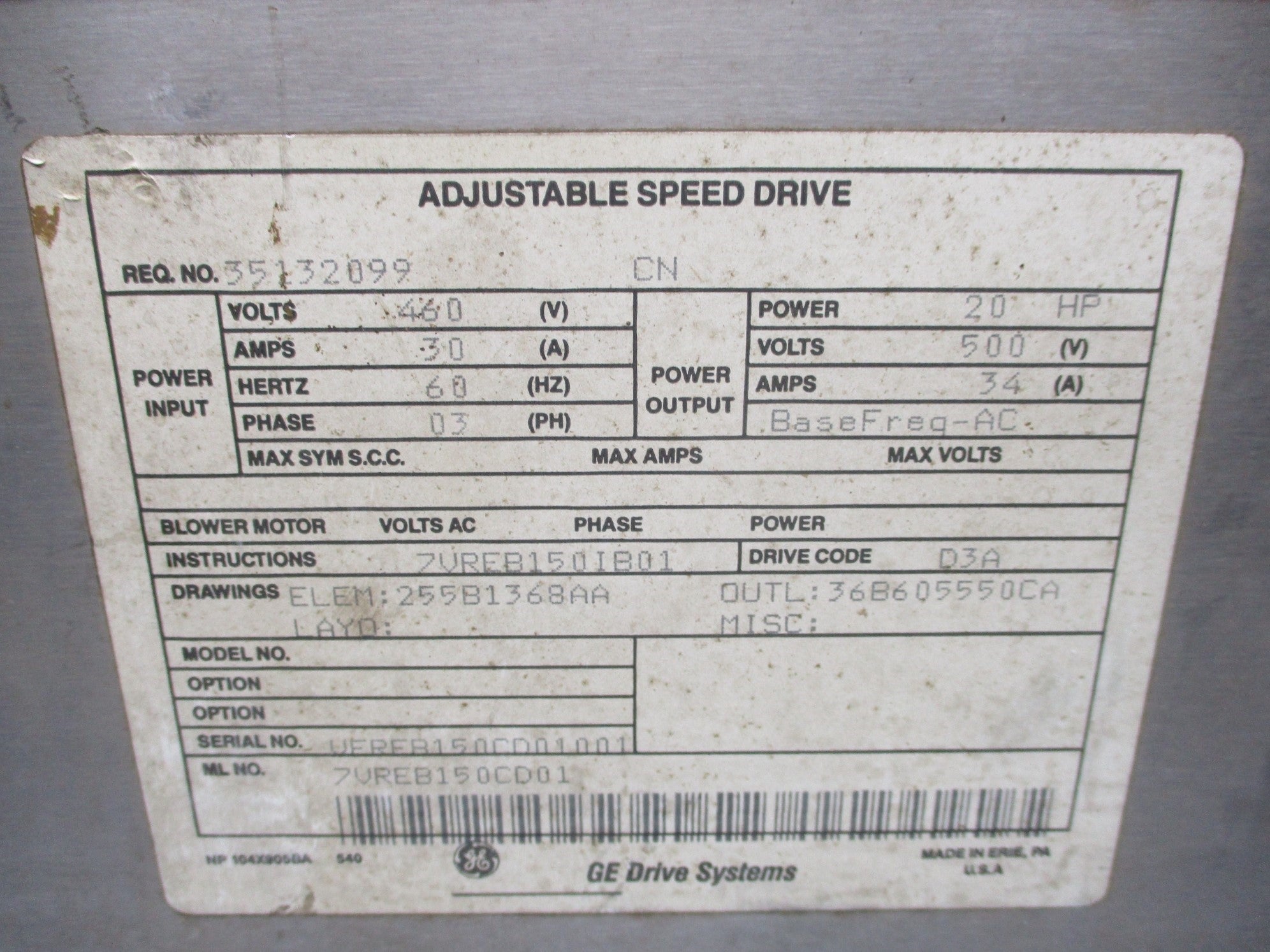 GENERAL ELECTRIC 7VREB150CD01 UNMP