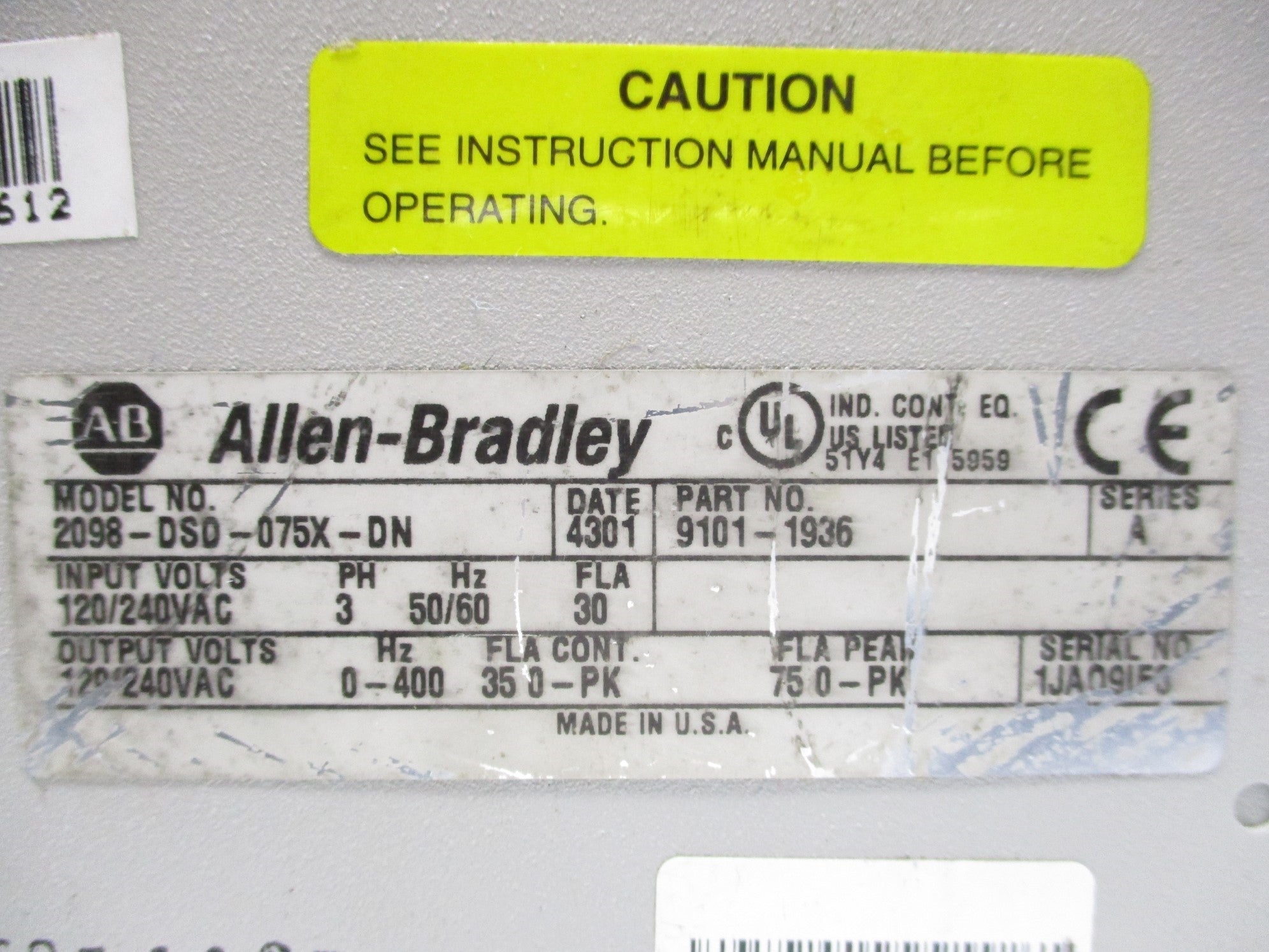 ALLEN BRADLEY 2098-DSD-075X-DN SER. A UNMP