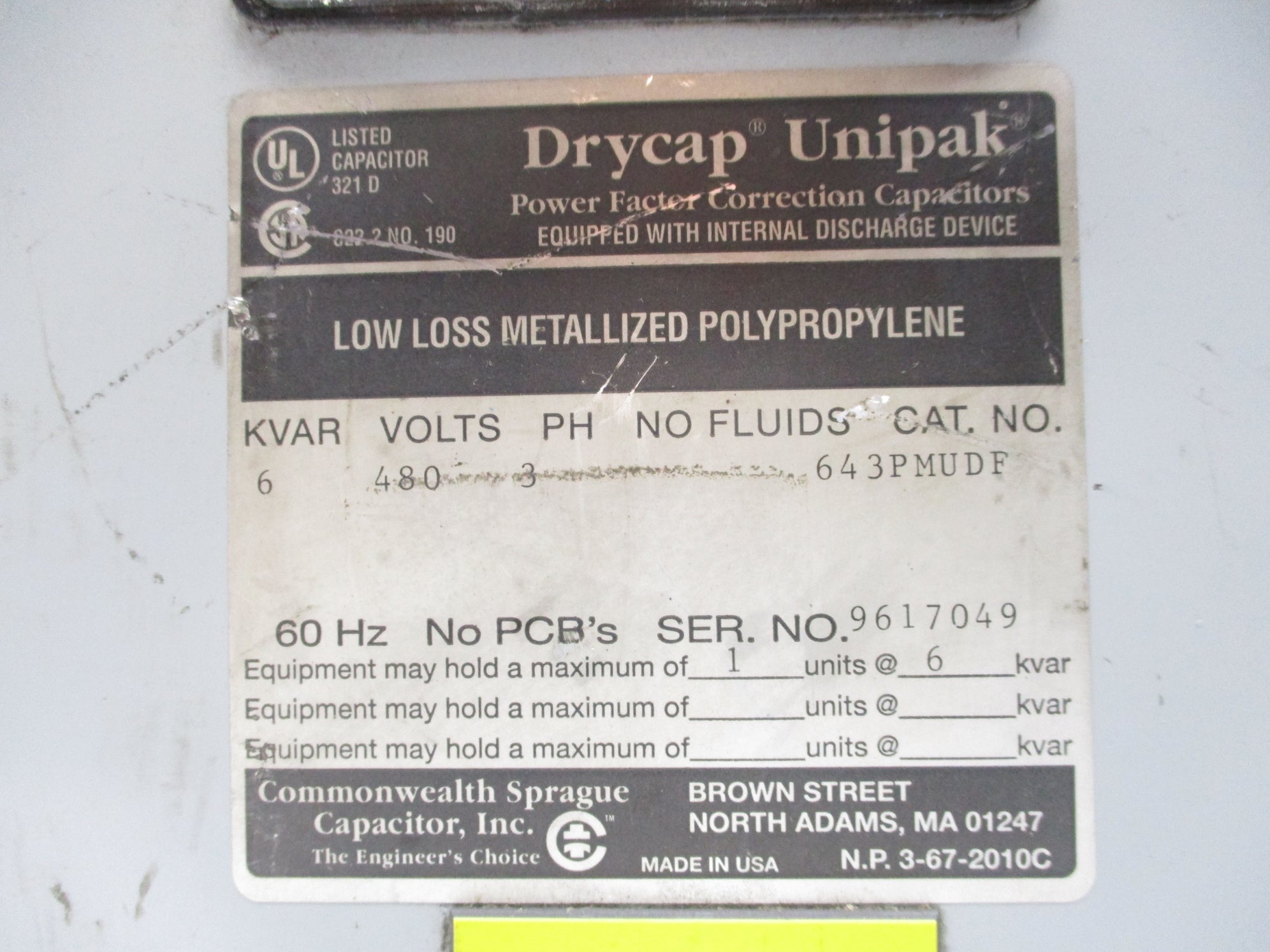 COMMON WEALTH SPRAGUE CAPACITOR 643PMUDF UNMP