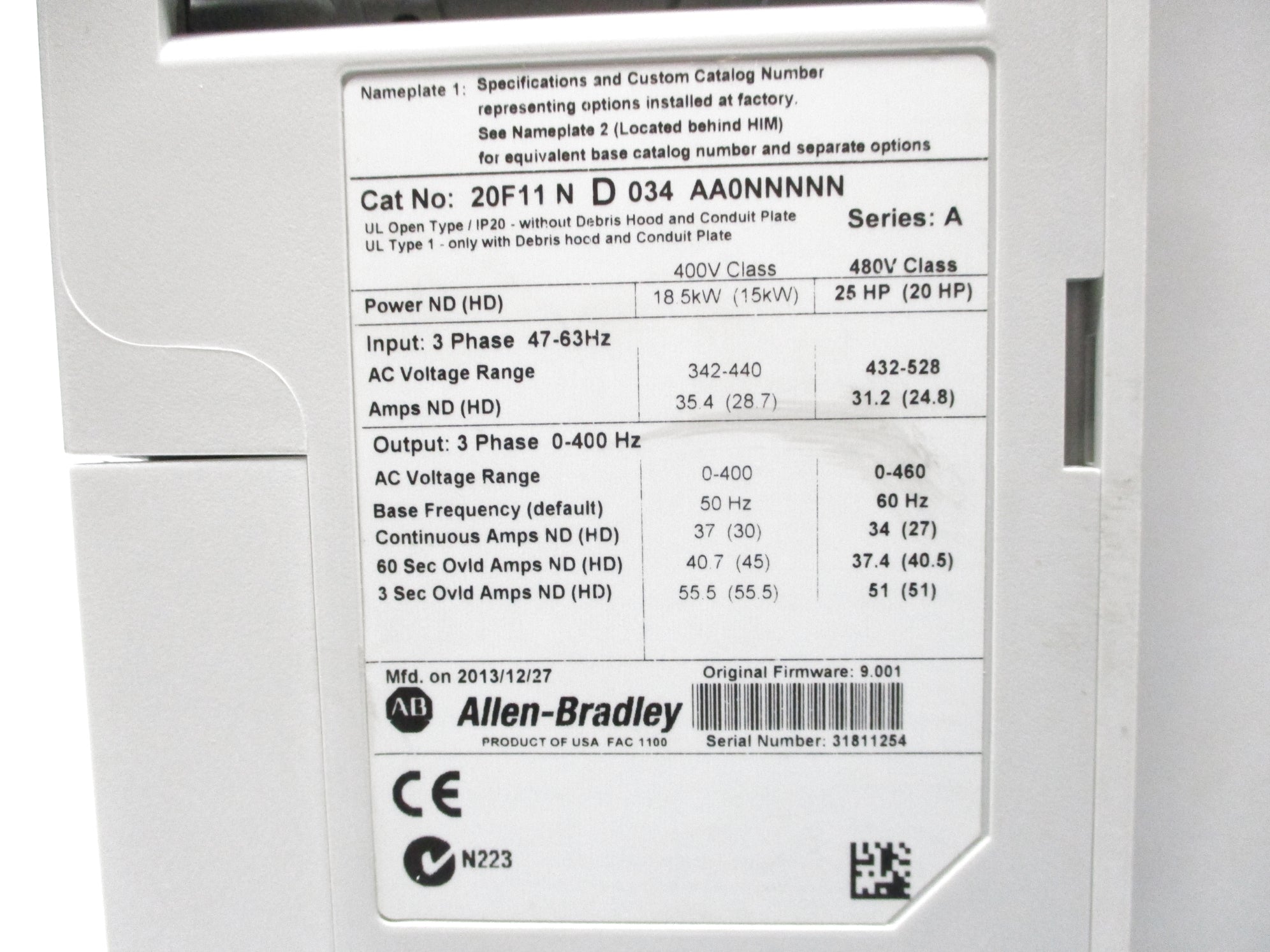 ALLEN BRADLEY 20F11ND034AA0NNNNN SER. A F/W 9.001 NSMP
