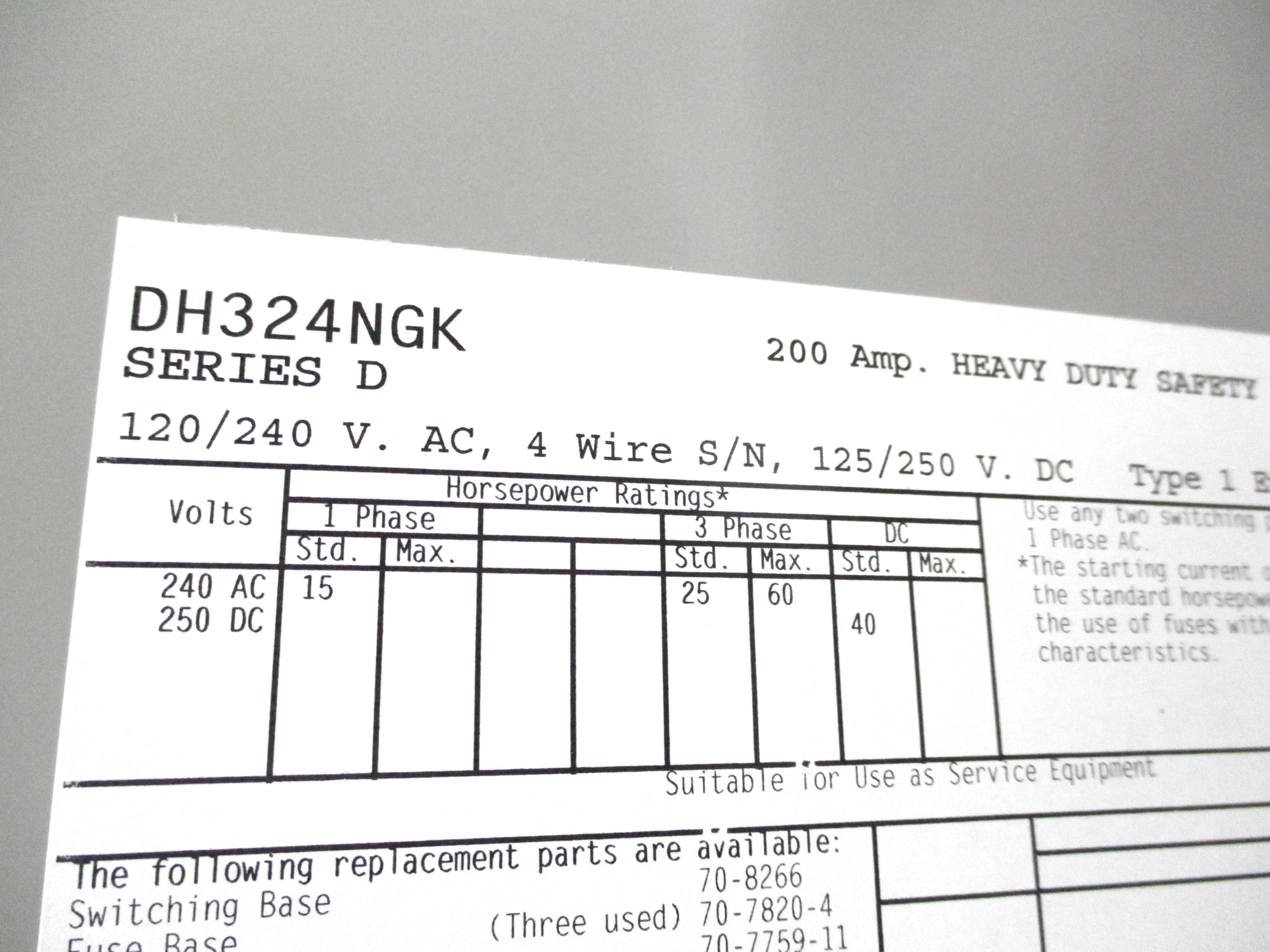 EATON DH324NGK SER. D 200A NSMP
