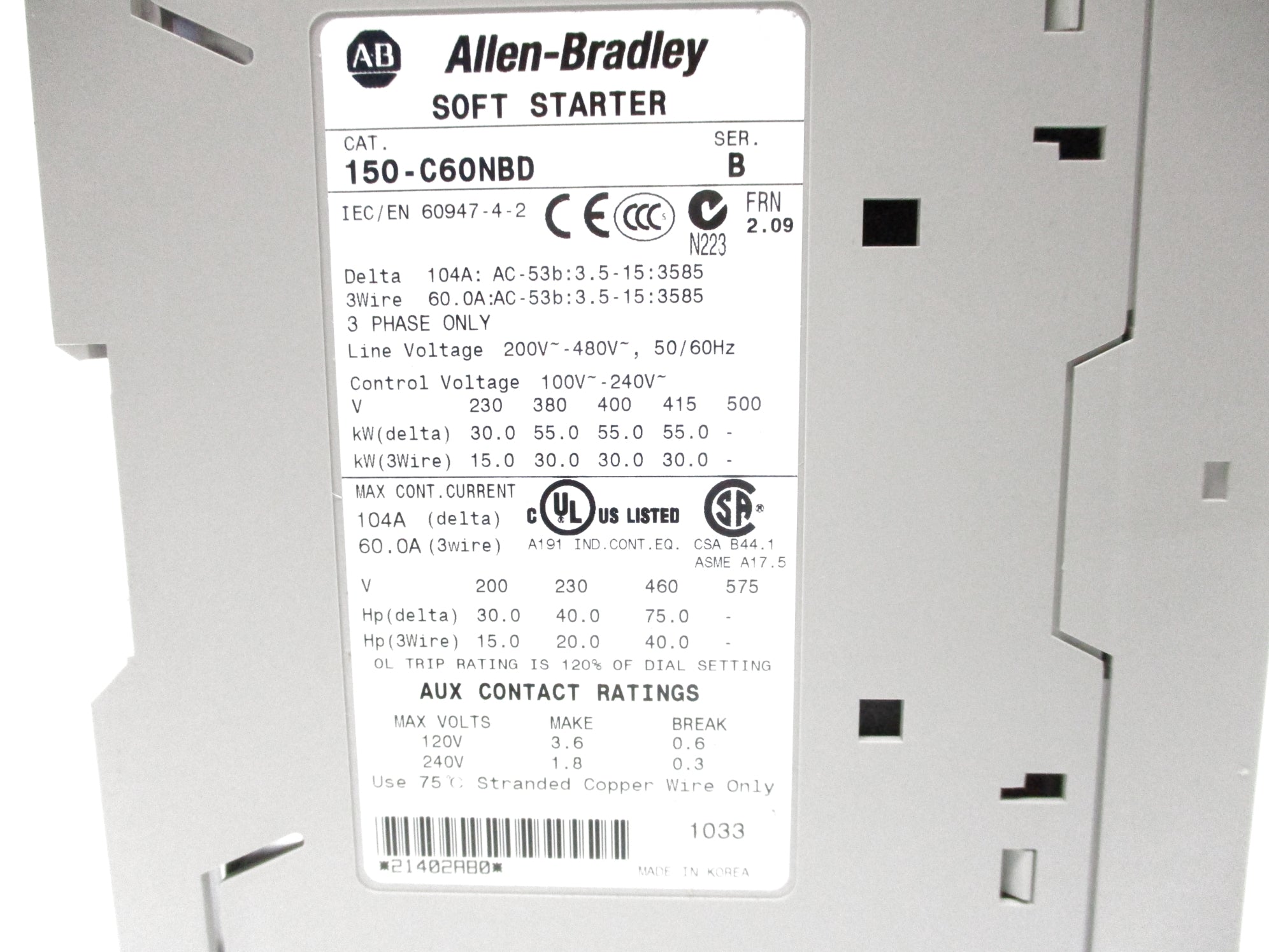 ALLEN BRADLEY 150-C60NBD SER. B F/W 2.09 NSMP