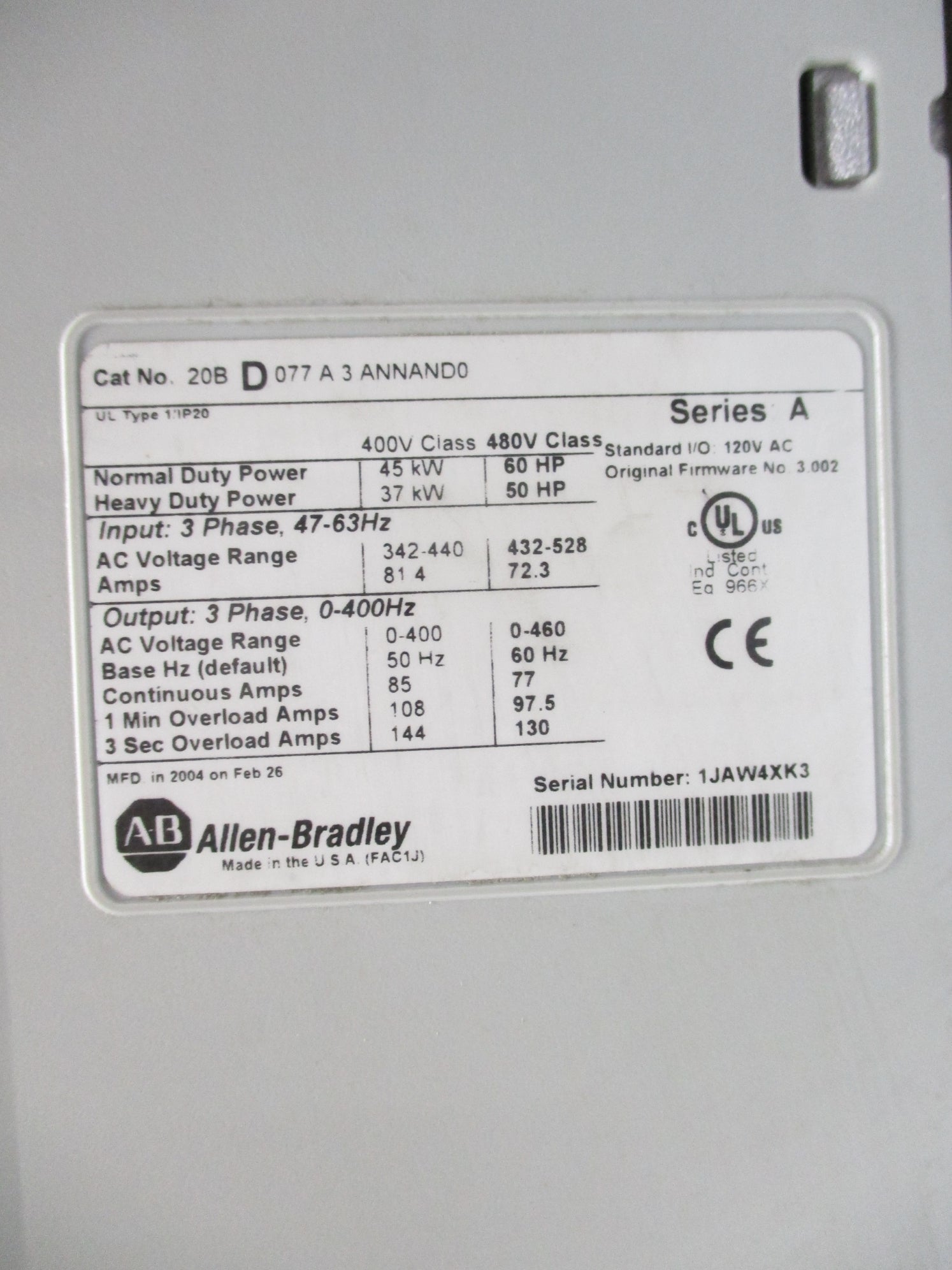 ALLEN BRADLEY 20BD077A3ANNAND0 SER. A F/W 3.002 (AS PICTURED) UNMP