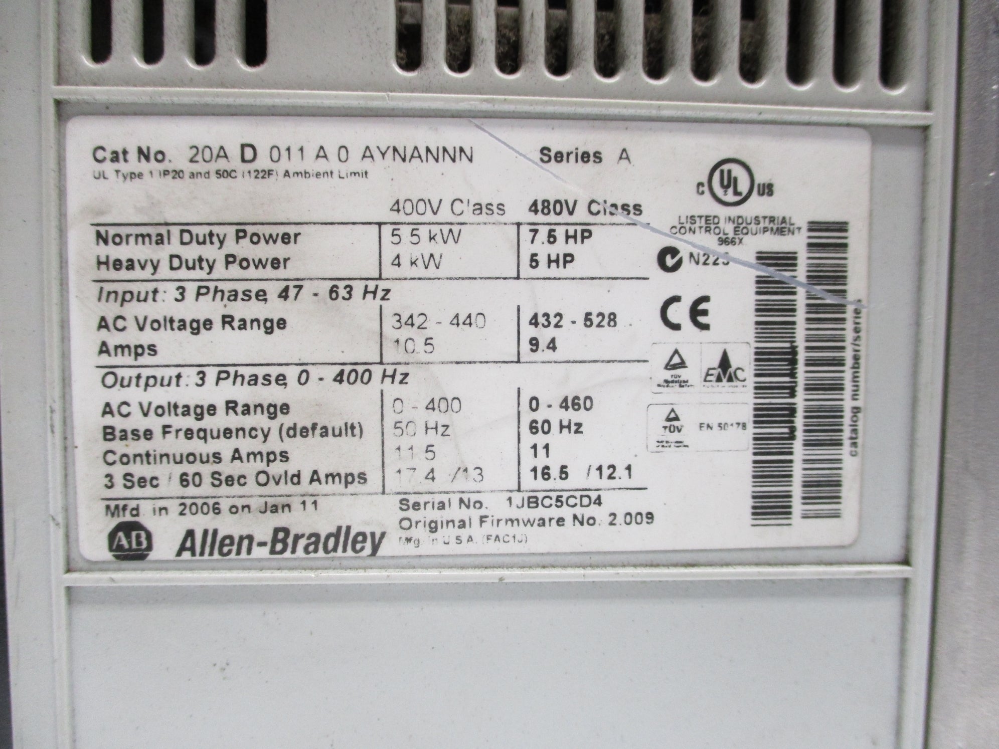 ALLEN BRADLEY 20AD011A0AYNANNN SER. A F/W 2.009 UNMP