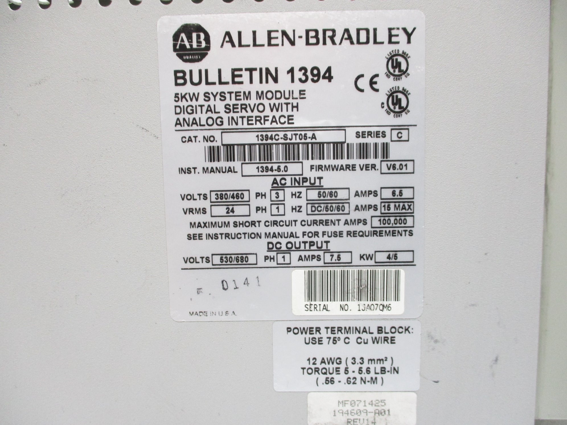 ALLEN BRADLEY 1394C-SJT05-A SER. C F/W V6.01 UNMP