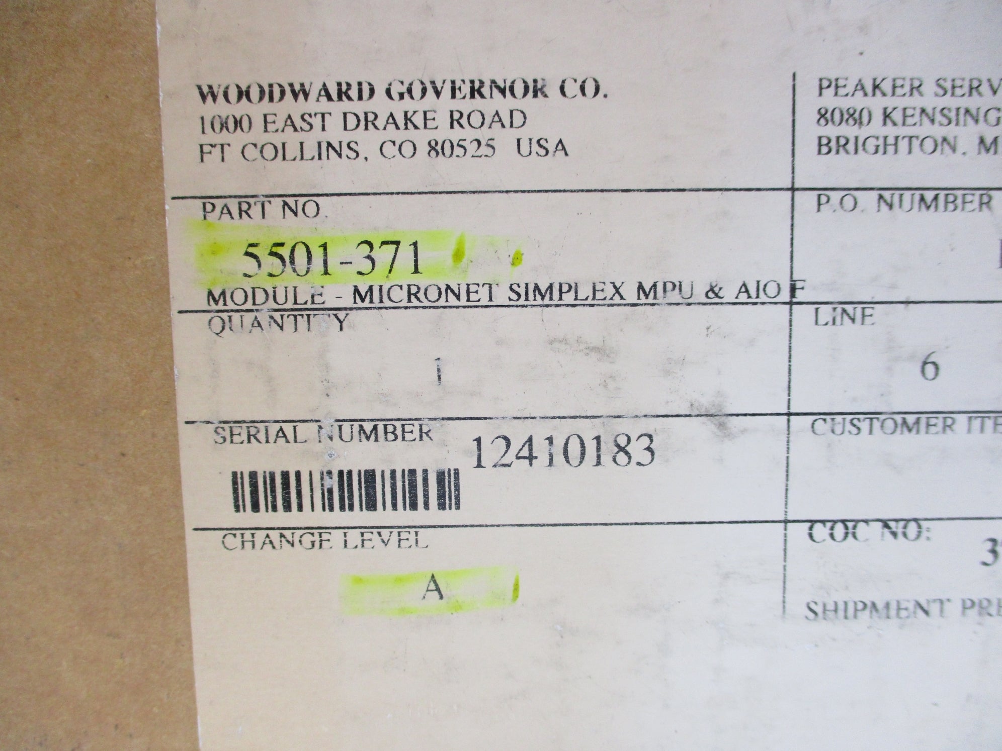 WOODWARD 5501-371 REV. A NSFS