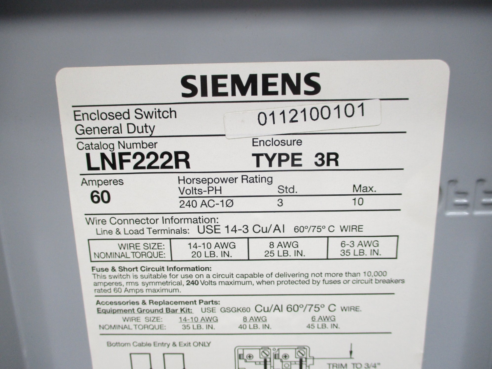 SIEMENS LNF222R TYPE 3R 60A NSNP