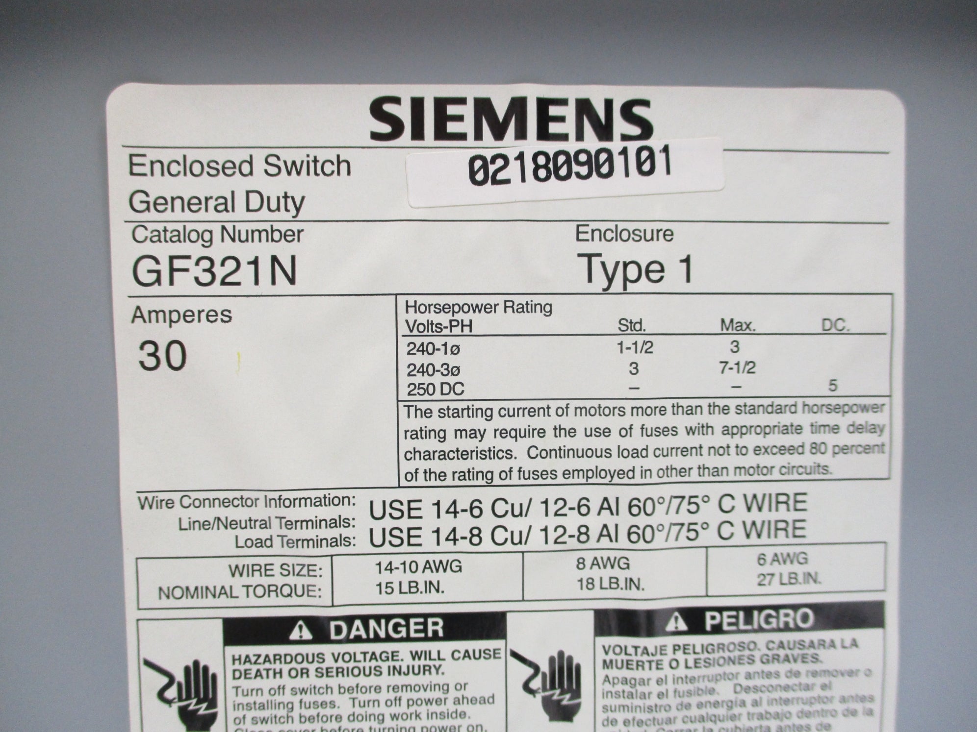 SIEMENS GF321N TYPE 1 30A UNMP
