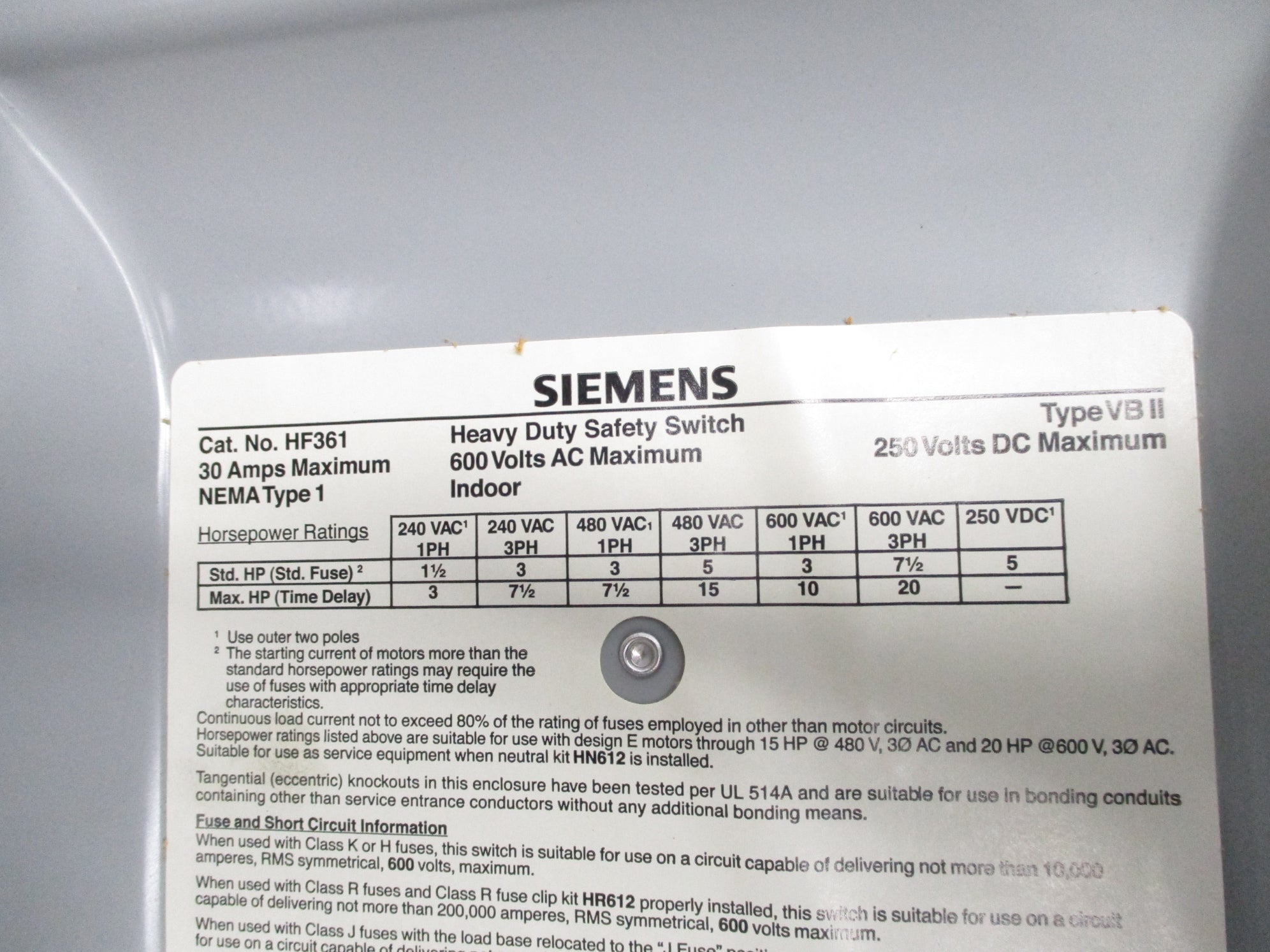 SIEMENS HF361 TYPE VBII 30A UNMP