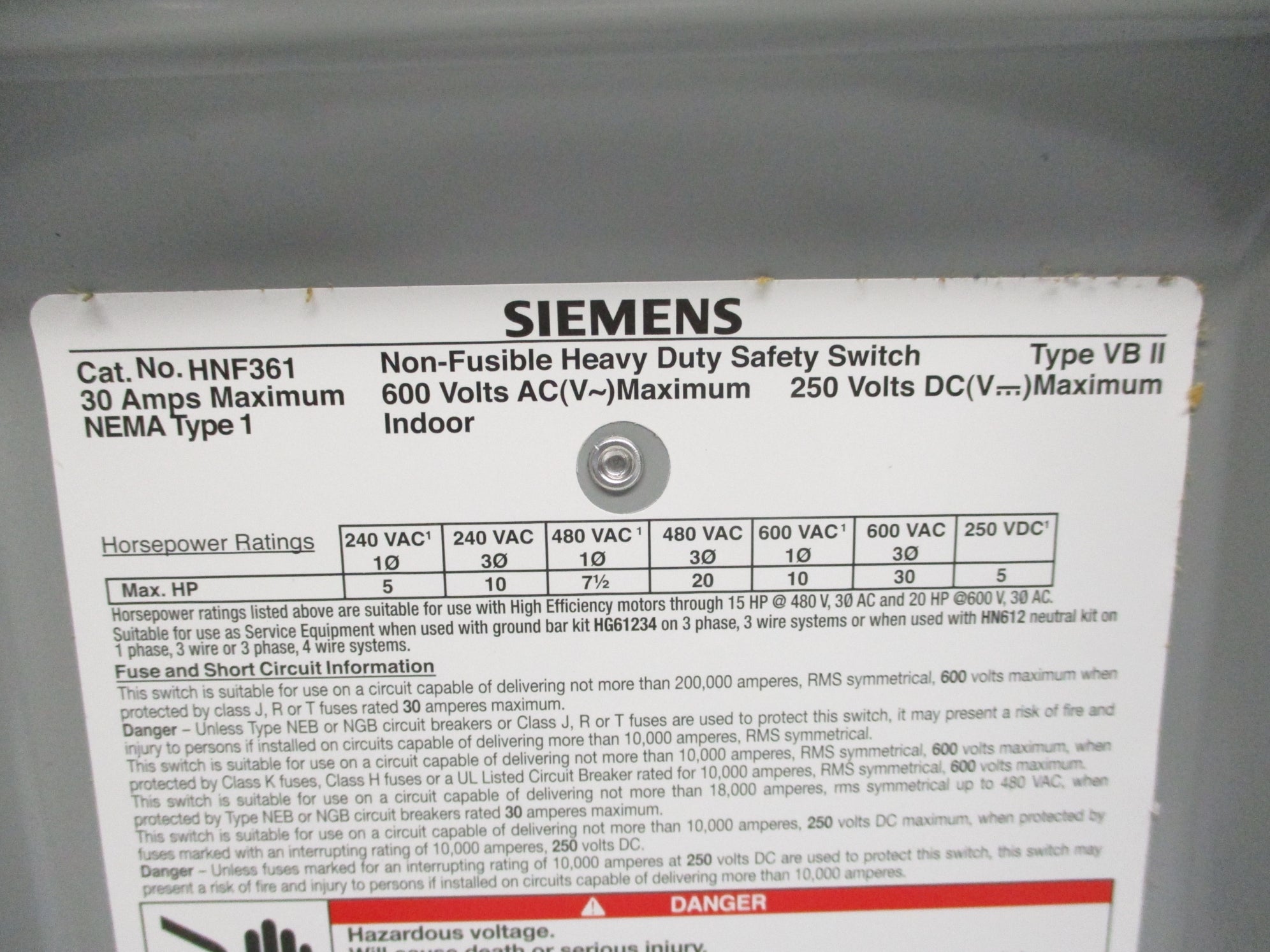 SIEMENS HNF361 TYPE VBII 30A UNMP