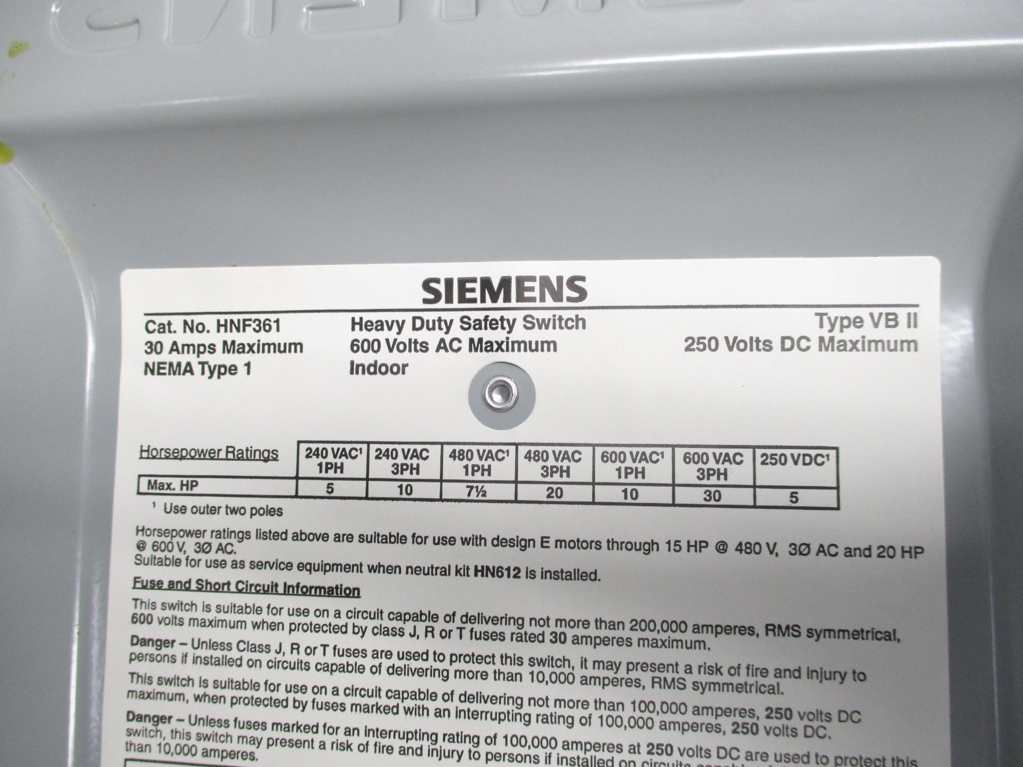 SIEMENS HNF361 TYPE VBII 30A (AS PICTURED) NSNP