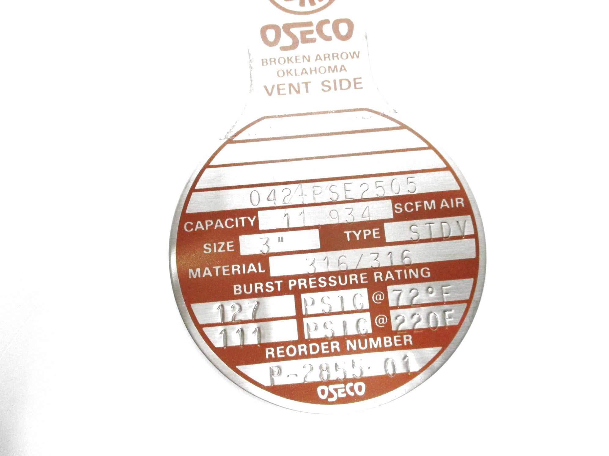 OSECO 042-PSE2505 P-2855-01 3" TYPE STDV 127 PSIG @ 72 NSMP