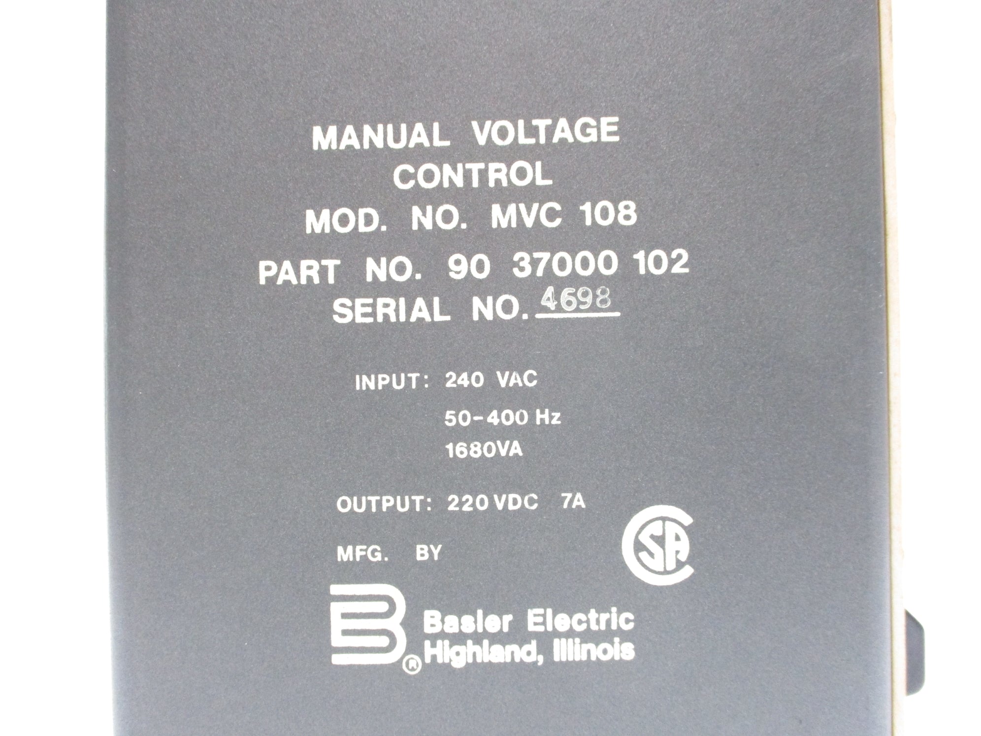 BASLER ELECTRIC 90-37000-102 MODEL MVC-108 NSNP
