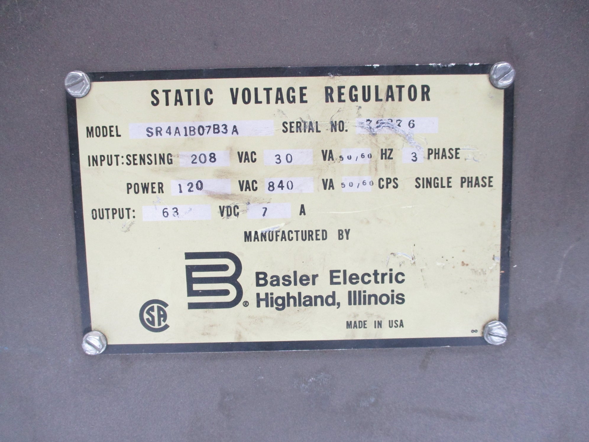 BASLER ELECTRIC SR4A1B07B3A UNMP