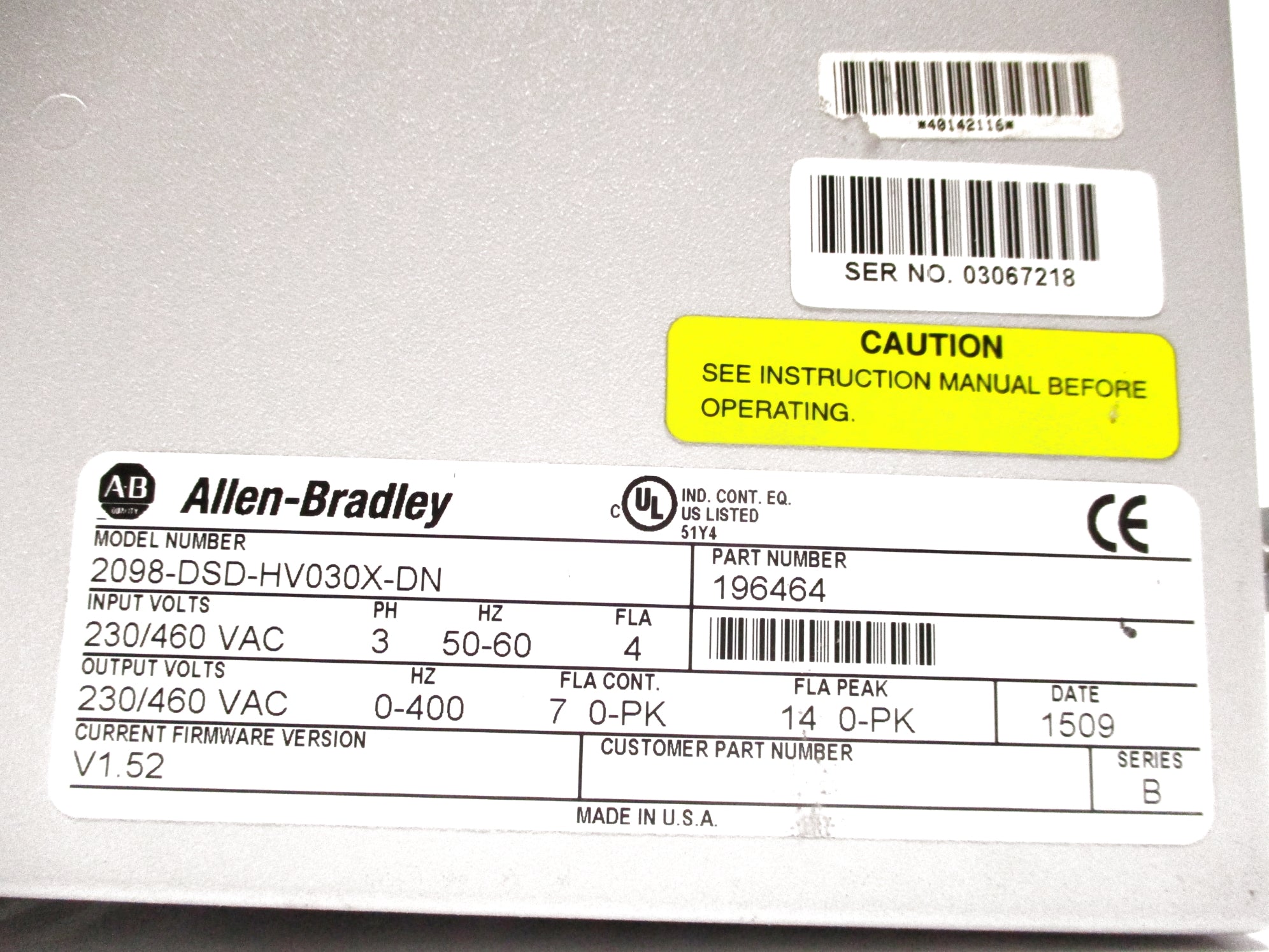ALLEN BRADLEY 2098-DSD-HV030X-DN SER. B F/W 1.52 UNMP