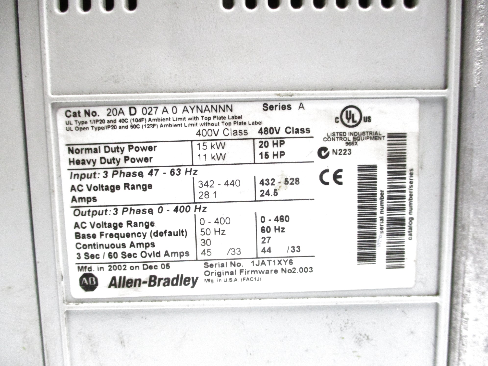 ALLEN BRADLEY 20AD027A0AYNANNN SER. A F/W 2.003 UNMP