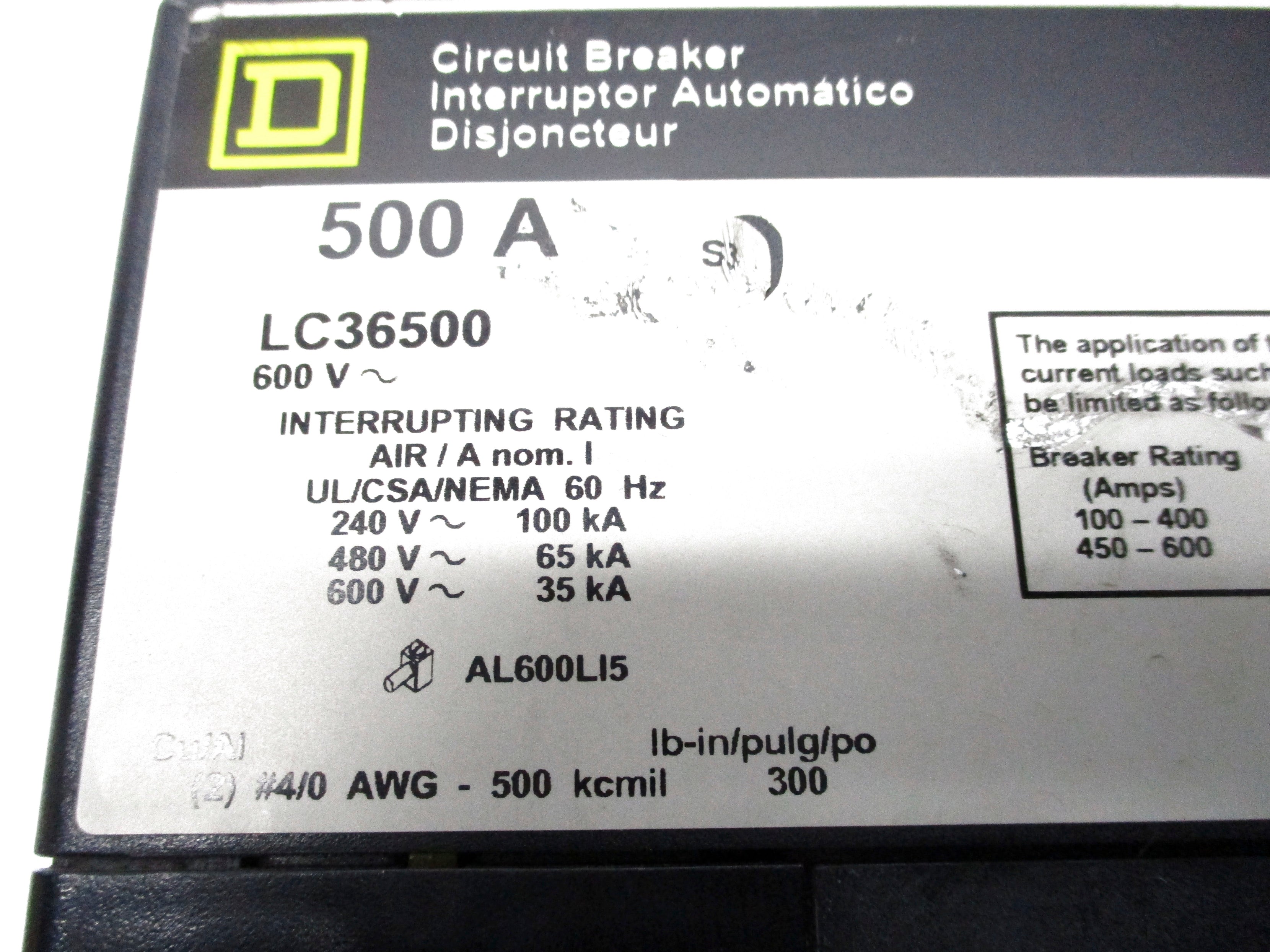 SQUARE D LC36500 500A (AS PICTURED) NSNP